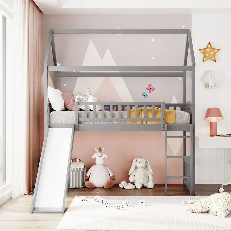 Lit mezzanine double avec toboggan et garde-corps