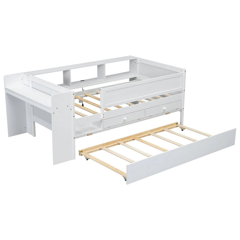 Lit de repos double multifonctionnel avec tiroirs et lit gigogne, rangement de tête de lit et tables, station de recharge USB
