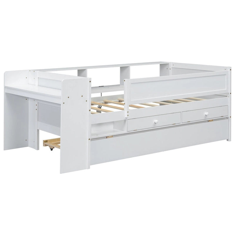Lit de repos double multifonctionnel avec tiroirs et lit gigogne, rangement de tête de lit et tables, station de recharge USB
