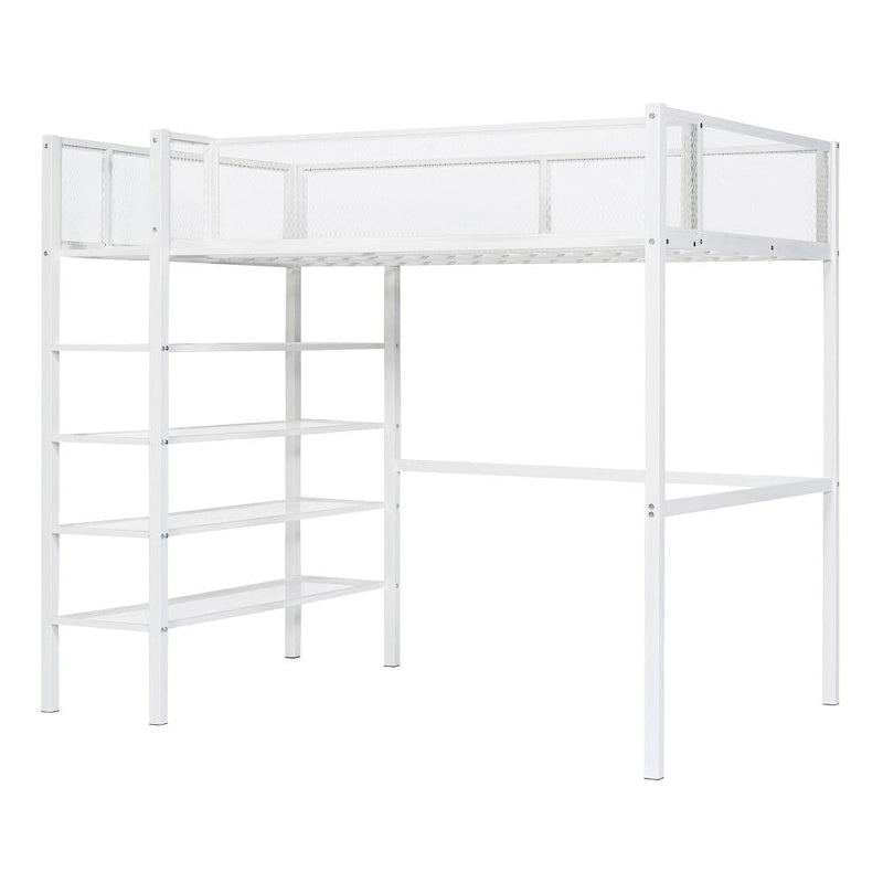 Lit mezzanine en métal avec étagères à 4 niveaux et rangement