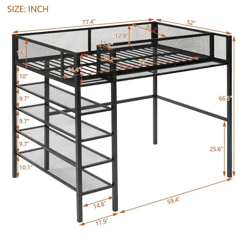 Lit mezzanine en métal avec étagères à 4 niveaux et rangement