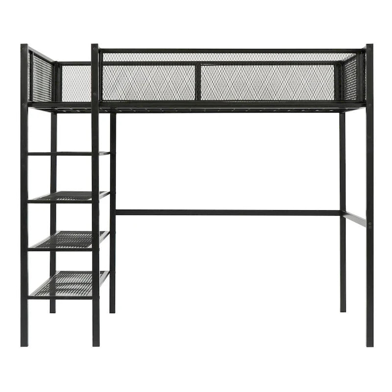 Lit mezzanine en métal avec étagères à 4 niveaux et rangement