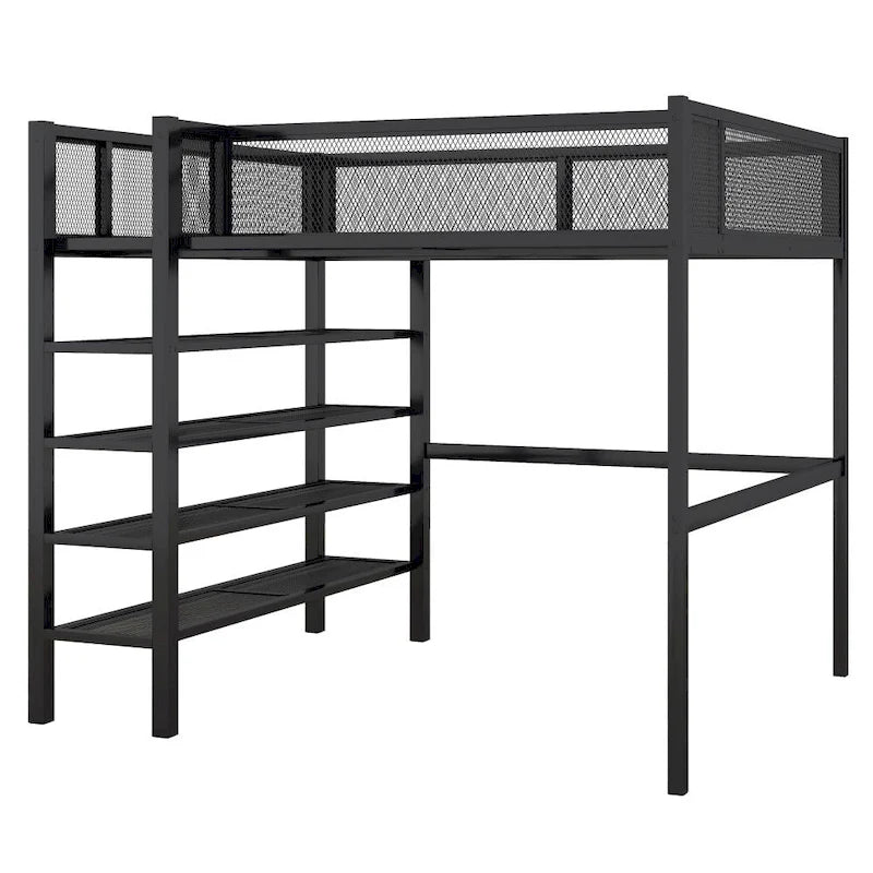 Lit mezzanine en métal avec étagères à 4 niveaux et rangement