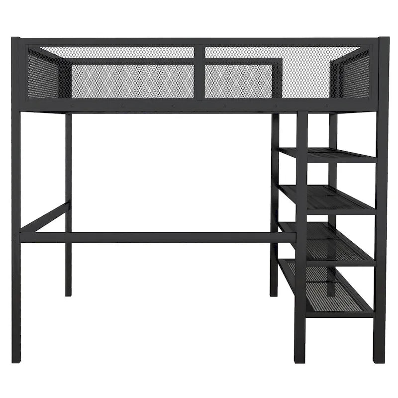 Lit mezzanine en métal avec étagères à 4 niveaux et rangement