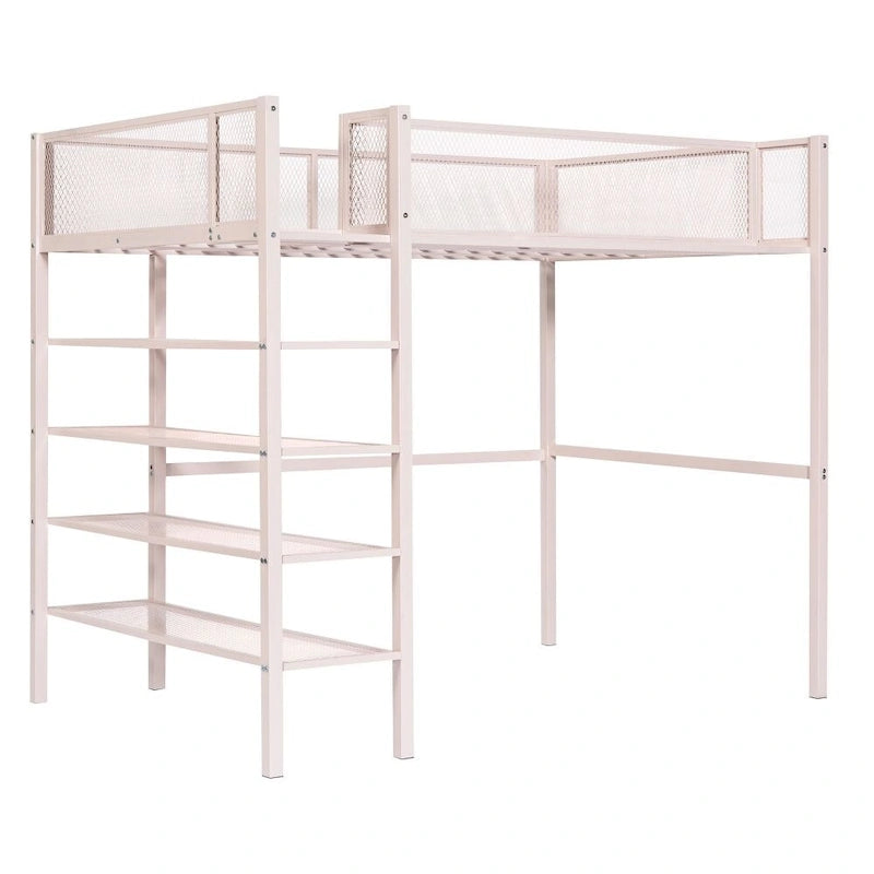 Lit mezzanine en métal avec étagères à 4 niveaux et rangement