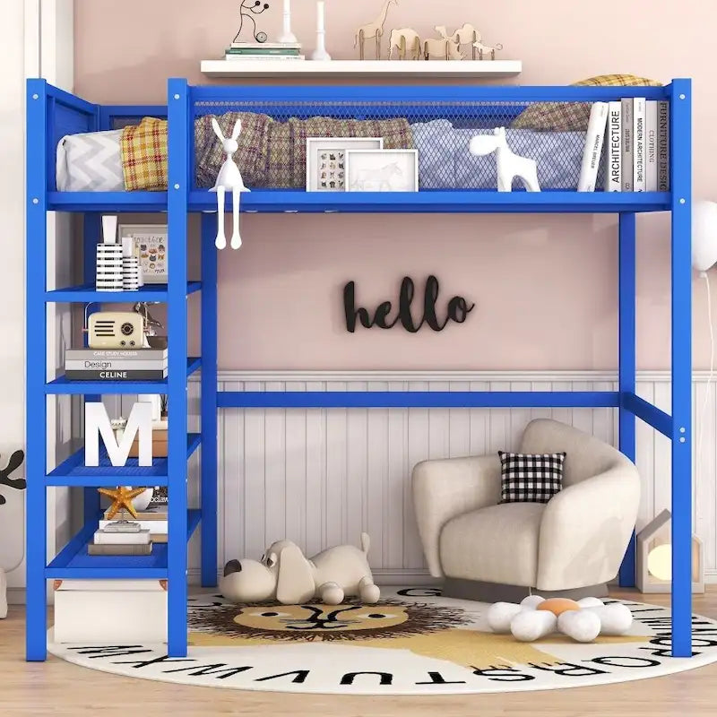 Lit mezzanine en métal avec étagères à 4 niveaux et rangement