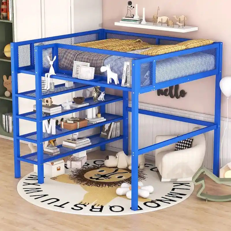 Lit mezzanine en métal avec étagères à 4 niveaux et rangement