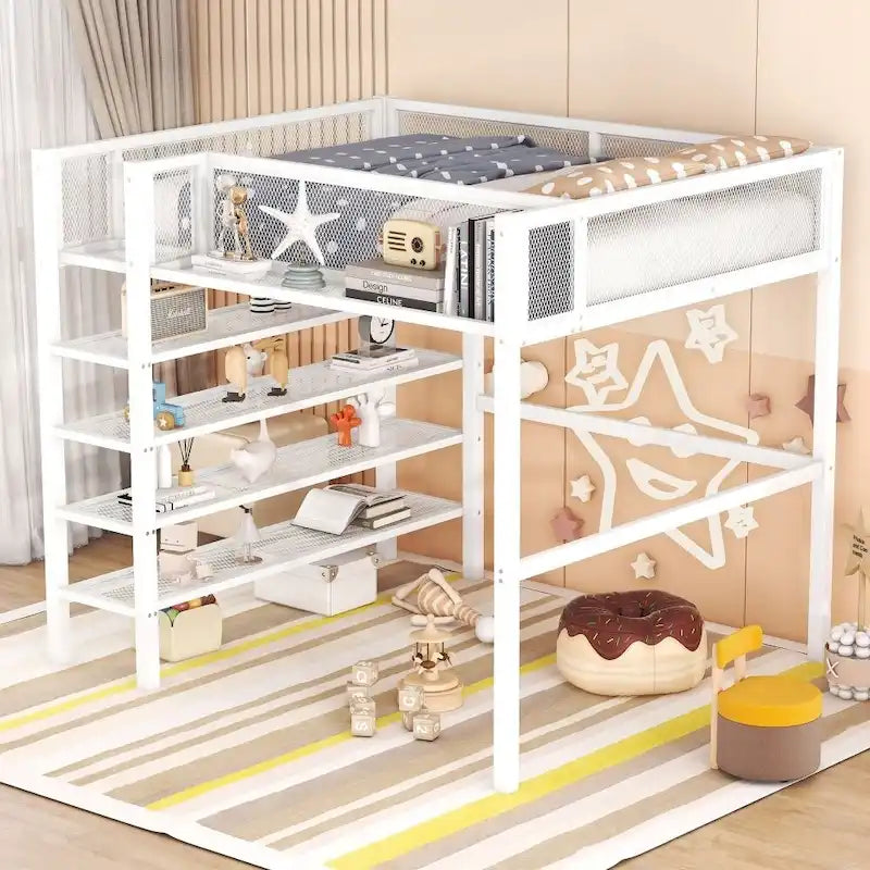Lit mezzanine en métal avec étagères à 4 niveaux et rangement