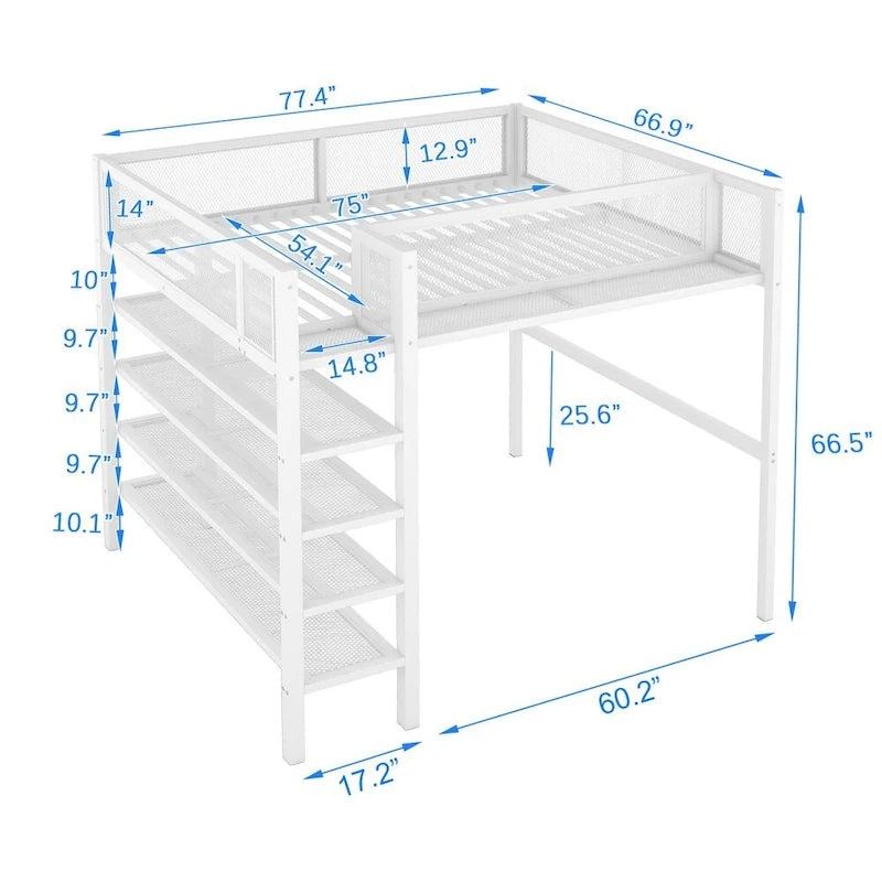 Lit mezzanine en métal avec étagères à 4 niveaux et rangement