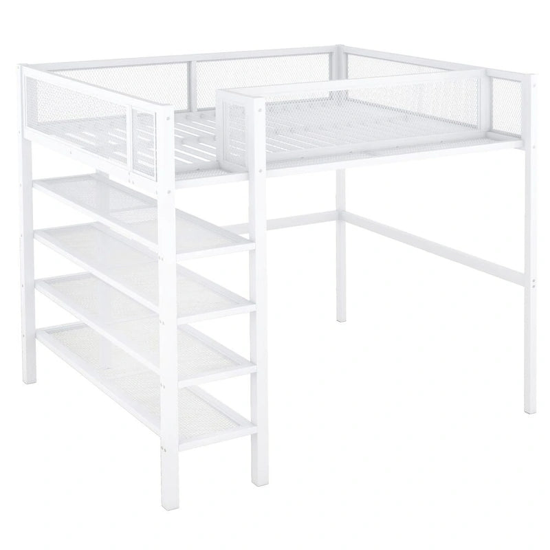 Lit mezzanine en métal avec étagères à 4 niveaux et rangement